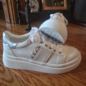 Yellow Box White Sneakers with Silver Accents